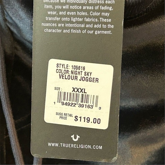 True Religion Men's 3XL Blue Velour Jogger Pants Elastic Waist 28" Inseam - Picture 10 of 11